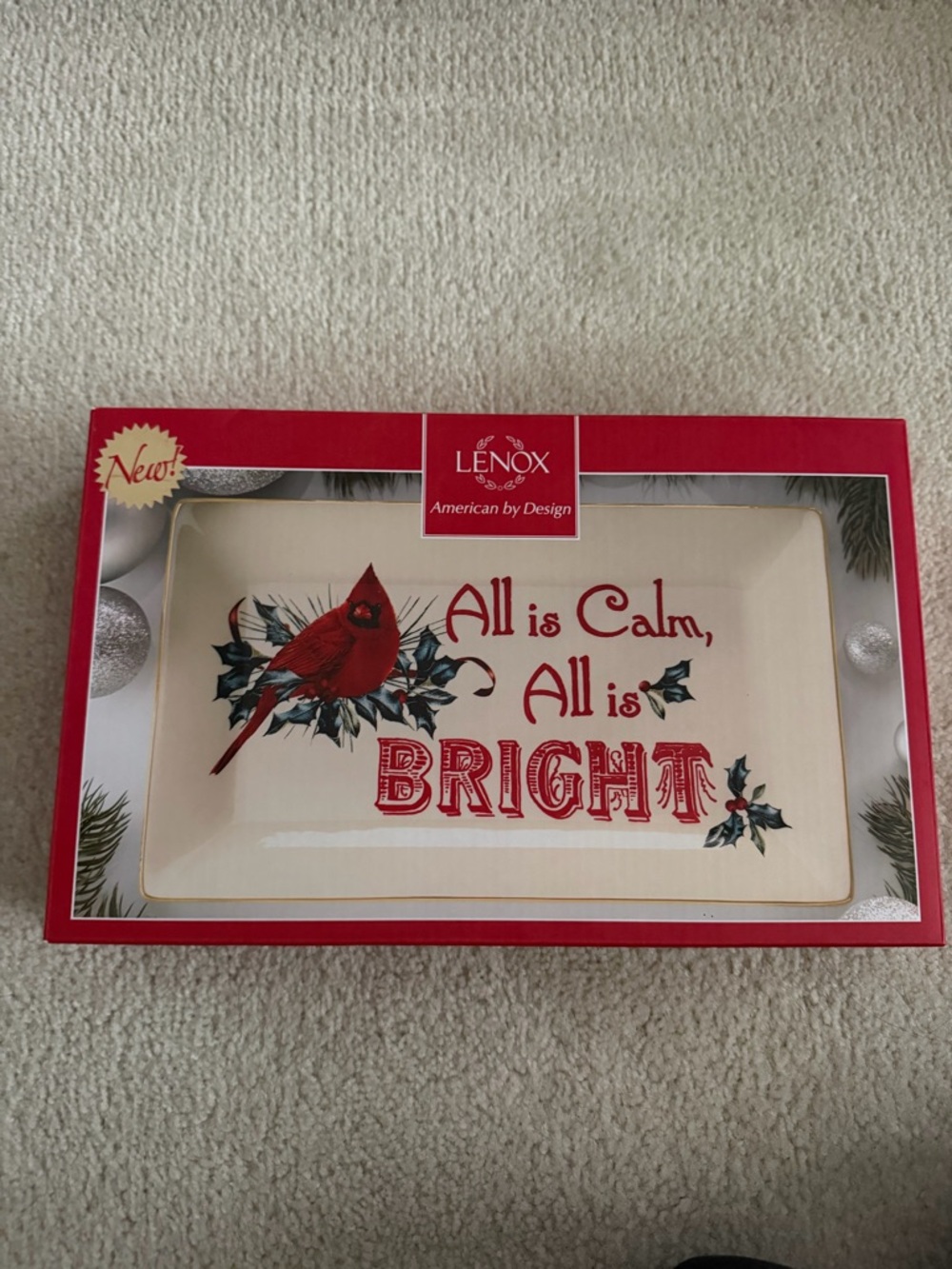 Lenox Holiday Platter with Red Cardinal and Blue Holly Accents